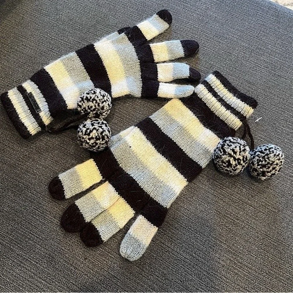 Ben Sherman Striped Wool Knit Gloves with Pom Poms